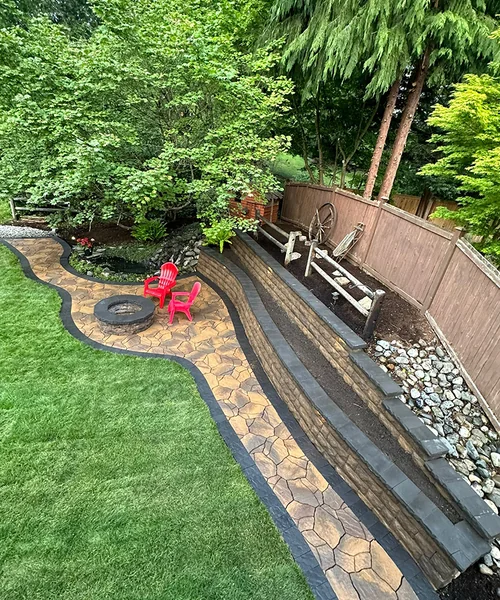 Installation of natural Grass, Retaining wall construction & Fire Pit in Lake Stevens 